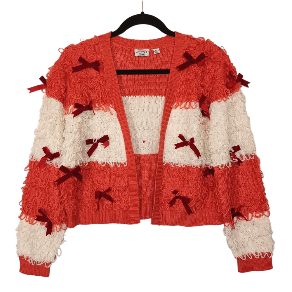 MIGHTY FINE Red White Stripe Print Knit Bow Long Sleeve Open Cardigan Sweater M